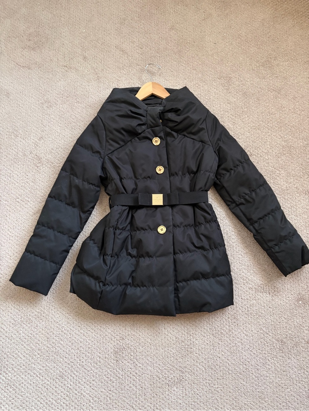kate spade Black Quilted Belted Puffer Coat with Gold Buttons